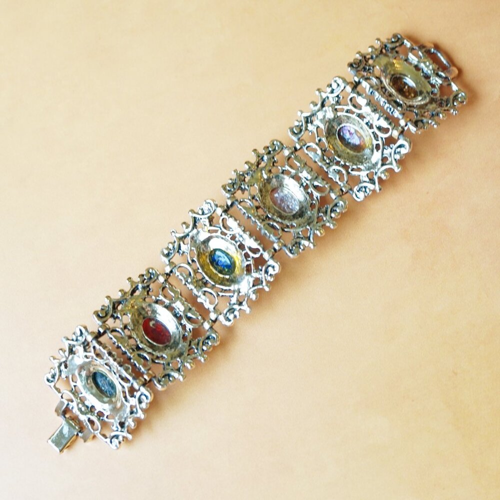 Vintage Selro Selini Style Brutalist Panel Bracelet – Foil Art Glass Cabochons - Picture 4 of 5